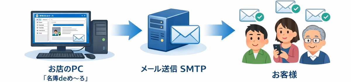 名簿deめ~る 構成(お店のPC→メール送信→お客様)