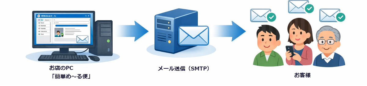簡単め～る便 構成（お店のPC→メール送信→お客様）